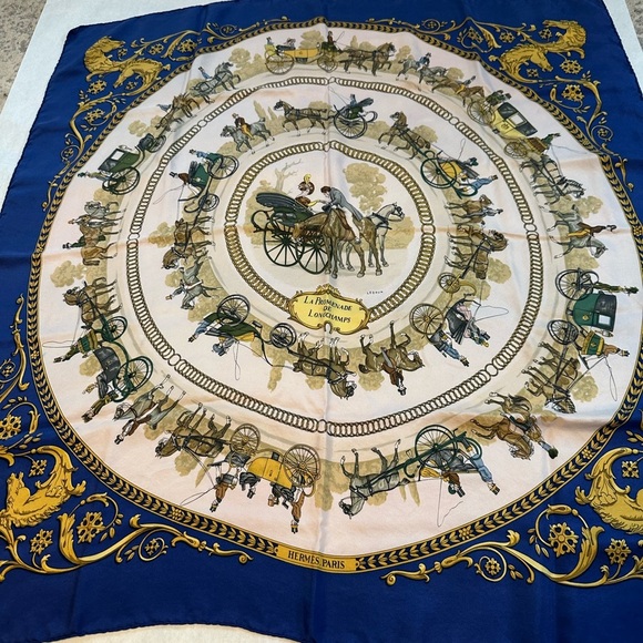 Hermes Blue and Gold Equestrian Scarf - Picture 1 of 5